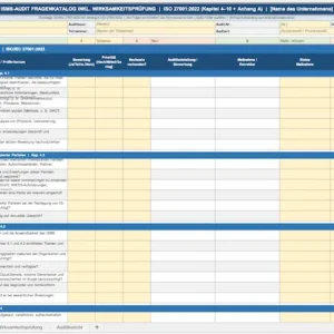 Professionelle Auditvorlagen für Informationssicherheitsmanagementsysteme (ISMS) nach ISO/IEC 27001:2022 mit Audit-Checklisten, Risikobewertung und Auditdokumentation.