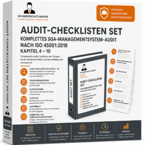 Professionelles Audit-Checklisten Set für SGA-Managementsystem-Audits nach ISO 45001:2018 mit Vorlagen für Auditprogramm, Auditplan, Auditbericht und Maßnahmenmanagement.
