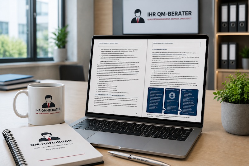 Managementsystem Vorlagen und QM-Handbuch für QM Dokumente ISO 9001:2026 auf Laptop dargestellt