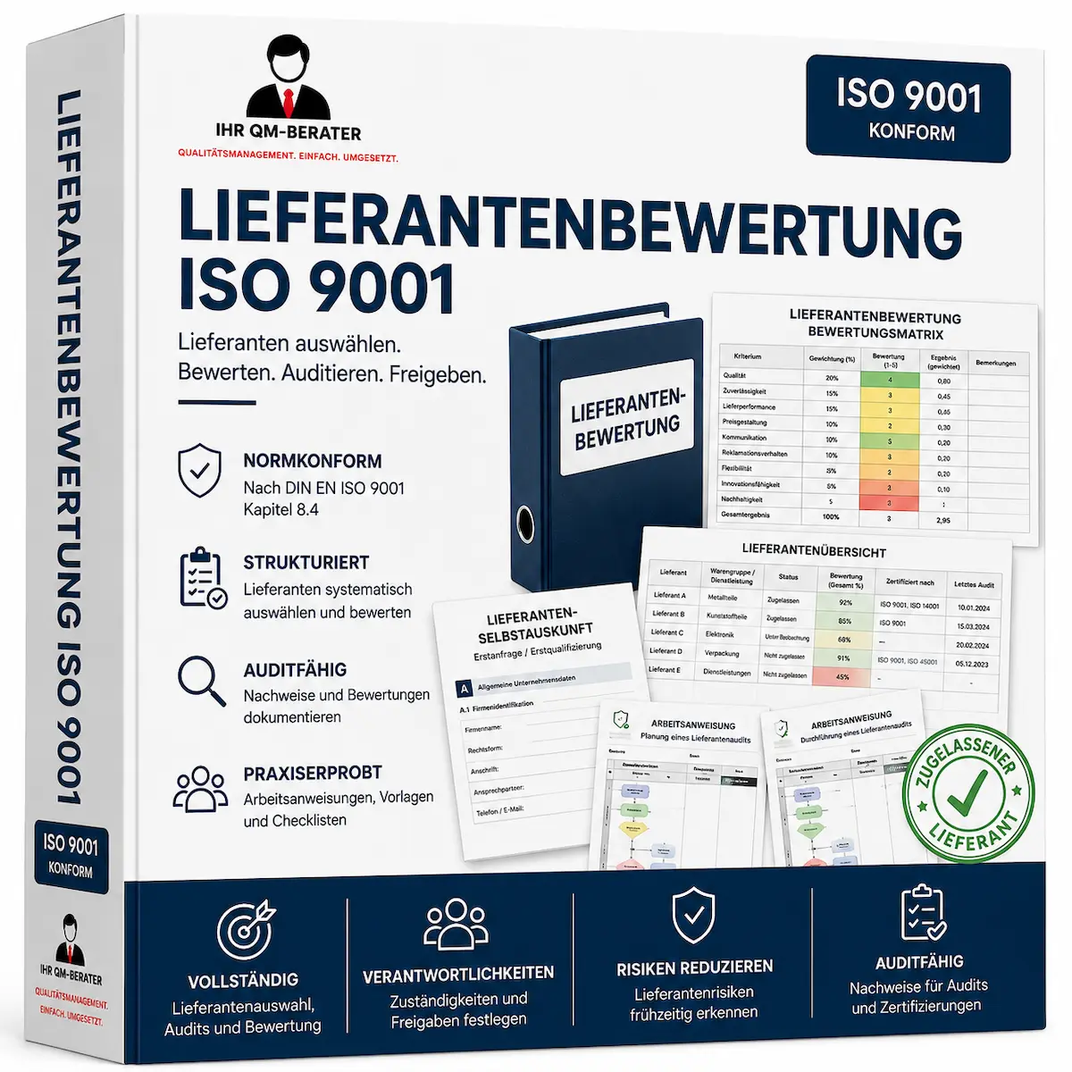 Lieferantenbewertung ISO 9001 Vorlage mit Lieferantenauswahl, Lieferantenaudit, Lieferantenselbstauskunft und Bewertungsmatrix