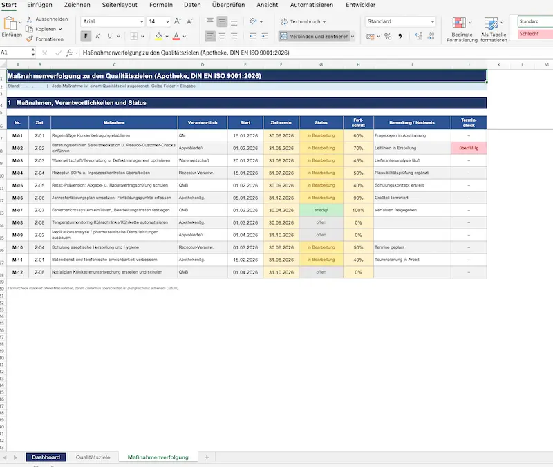 Qualitätspolitik Apotheke nach DIN EN ISO 9001 als professionelle Word-Vorlage mit Patientenorientierung, Arzneimitteltherapiesicherheit und Qualitätszielen.